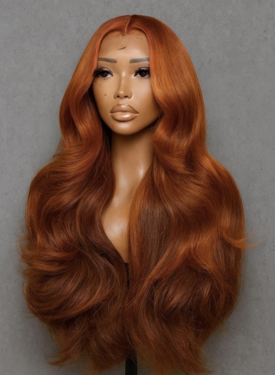 Ginger body wave lace front unit, shown on a display mannequin