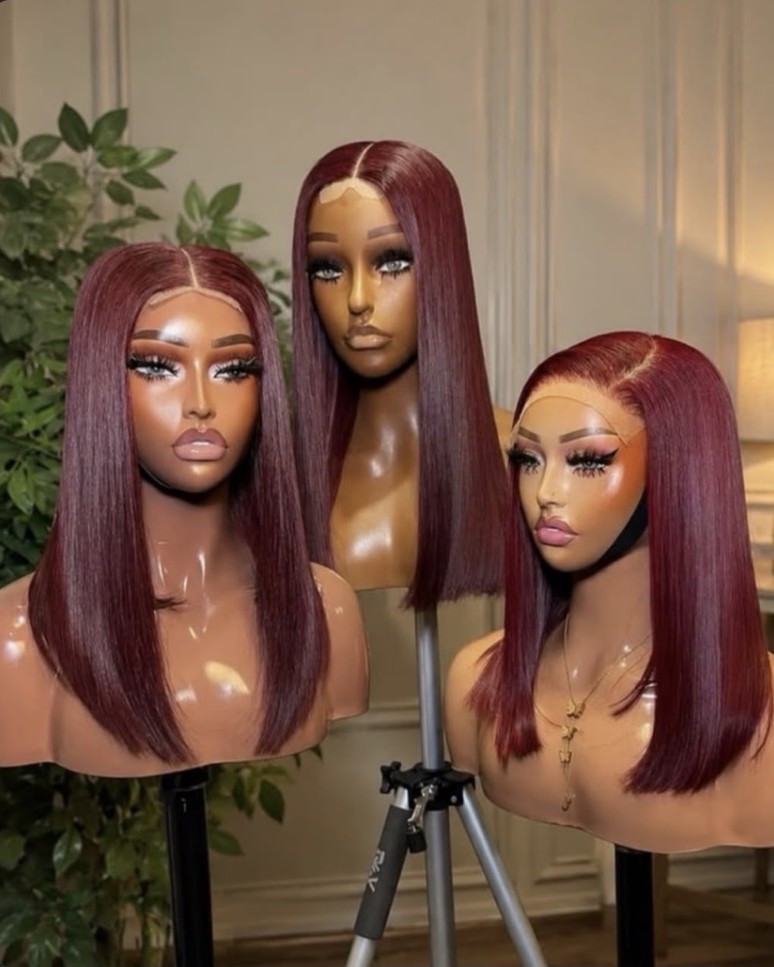 16 inch sdd bone straight units in a wine shade, shown on display mannequins