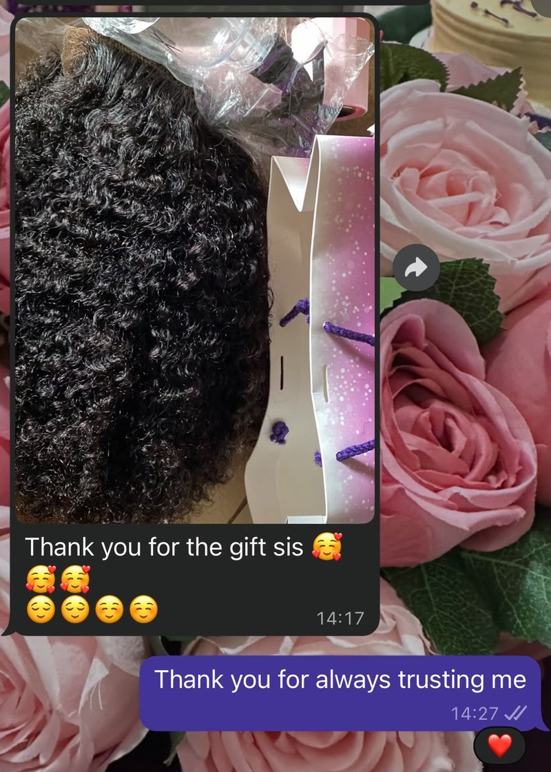 WhatsApp message from a customer photographing her order in Kinkie's Place packaging: "Thank you for the gift sis", answered with "Thank you for always trusting me"
